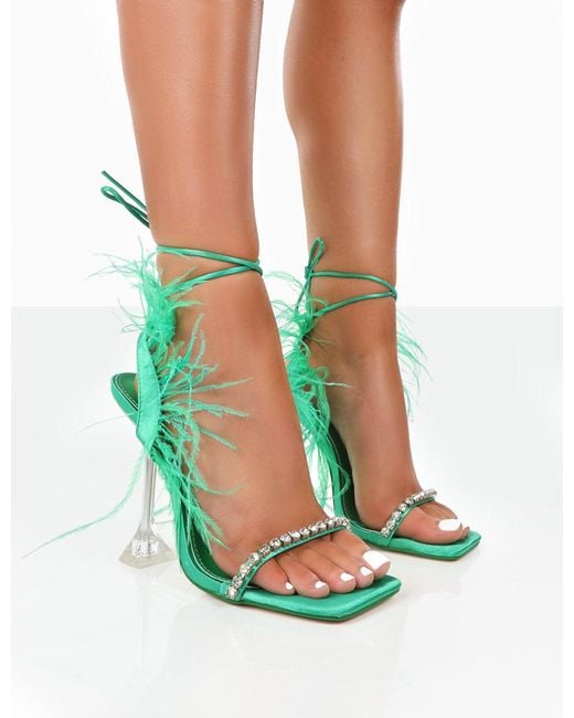 Public Desire Serenity Green Fluffy Faux Feather Square Toe Dimante Party Heels