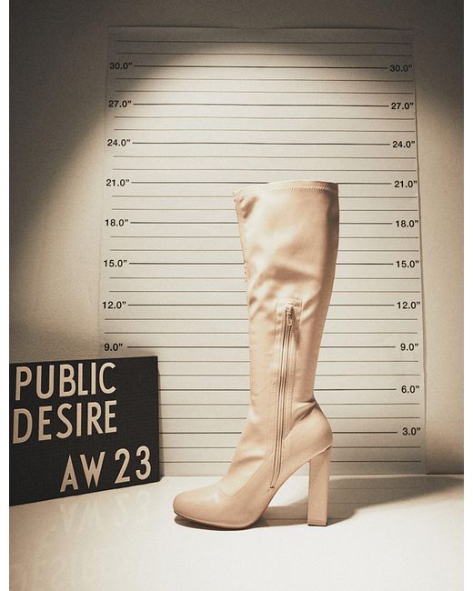 Public Desire Natural Christina Wide Fit Nude Pu Pointed Toe Block Heel Knee High Boots