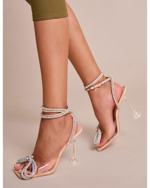 Public Desire Multicolor Glimmer Nude Wrap Around Diamante Bow Square Toe Heels