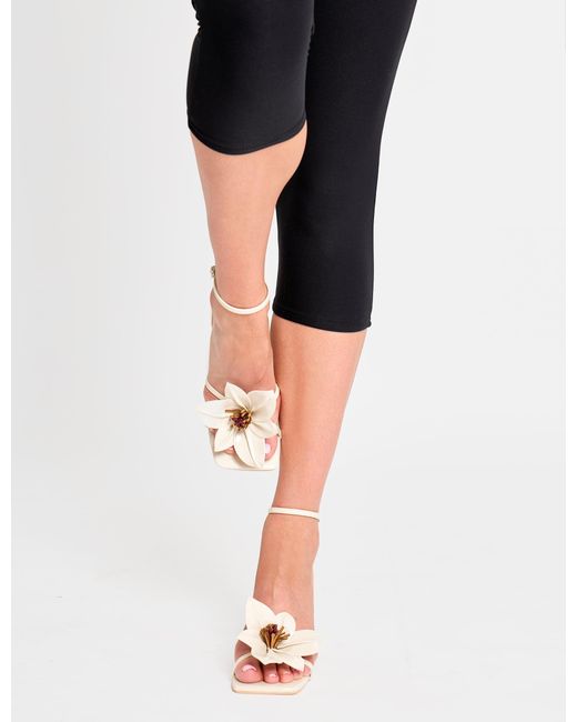 Public Desire Black Hydrangea Stone Patent Flower Barely There Square Toe Mid Heels