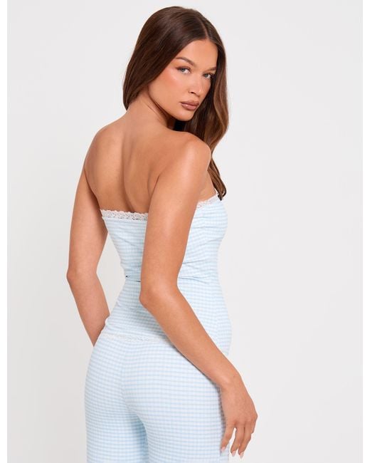 Public Desire Gingham Lace Trim Bandeau Top Blue And White