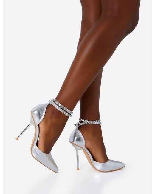 Public Desire Brown Hypnotize Silver Grain Stud Detail Strappy Stiletto Court Heels