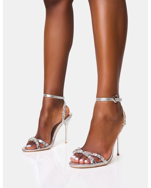Public Desire Brown Monster Jam Cracked Silver Metal Detail Barely There Round Toe Stiletto Heels