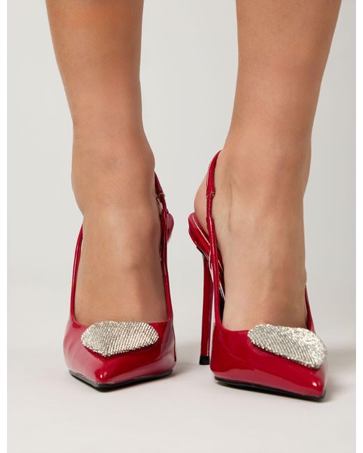 Public Desire Elvis Red Patent Diamante Heart Brooch Slingback Pointed Toe Court High Heels