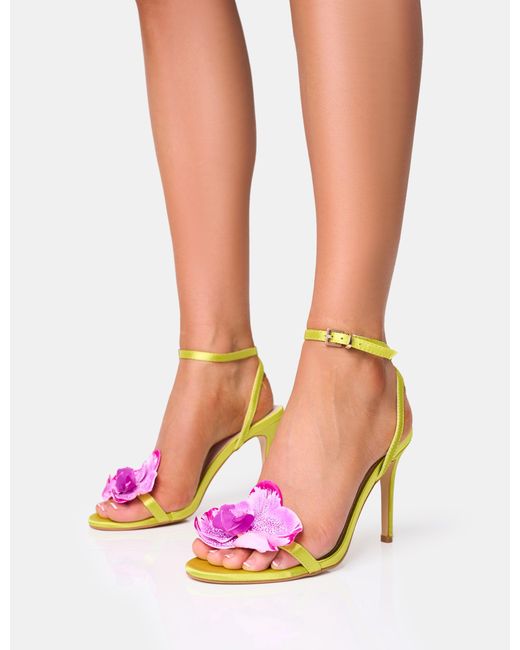 Public Desire Mica Yellow & Pink Orchid Barely There Stiletto Mid Heels