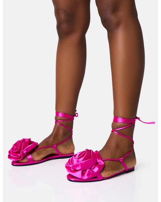 Public Desire Magnolia Pink Flower Corsage Lace Up Flat Sandals