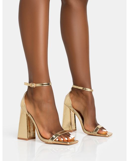 Public Desire Brown Geri Gold Pu Barely There Square Toe Block Heels