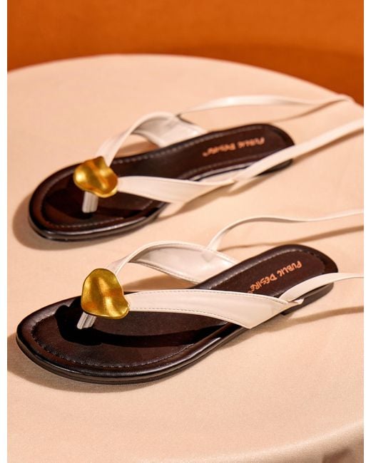 Public Desire Orange Aelia Cream Pu Gold Lace Up Trim Toe Post Flip Flop Sandal