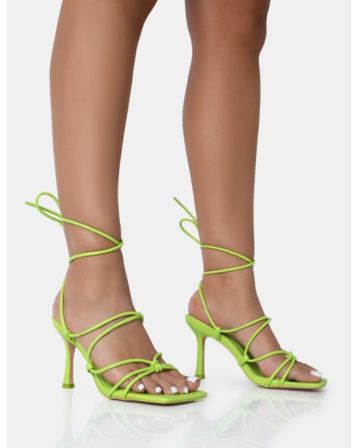 Public Desire Green Duet Neon Lime Knot Strappy Lace Up Square Toe Mid Heels