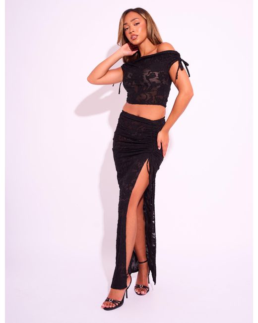 Public Desire Tie Detail Textured Floral Split Maxi Skirt Black