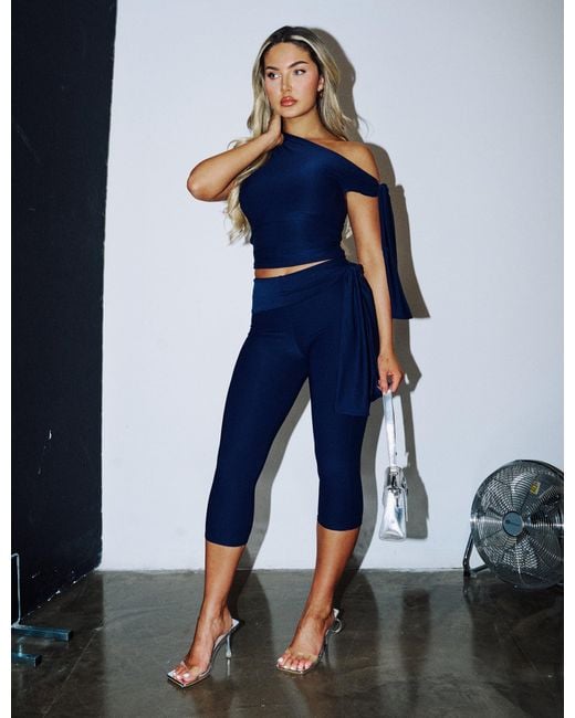 Public Desire Blue Knot Detail Tie Side Luxe Slinky Capri Pants Navy