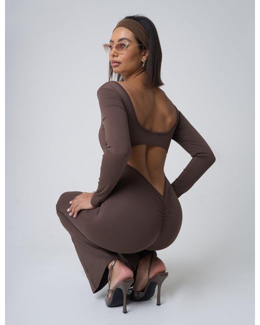 Public Desire Brown Cut Out Back Detail Long Sleeve Jumpsuit Beige