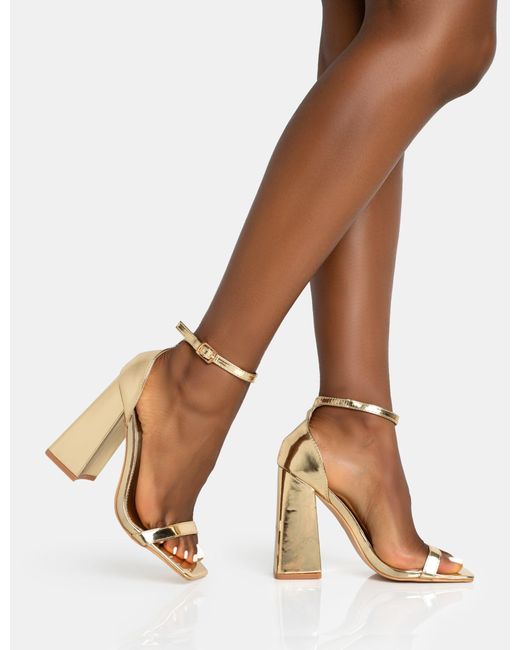 Public Desire Brown Geri Gold Pu Barely There Square Toe Block Heels
