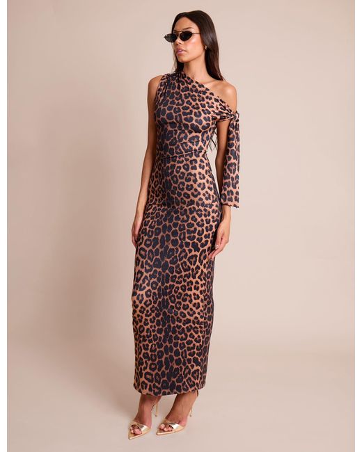 Public Desire Natural Knot Detail Asymmetric One Shoulder Luxe Slinky Maxi Dress Leopard