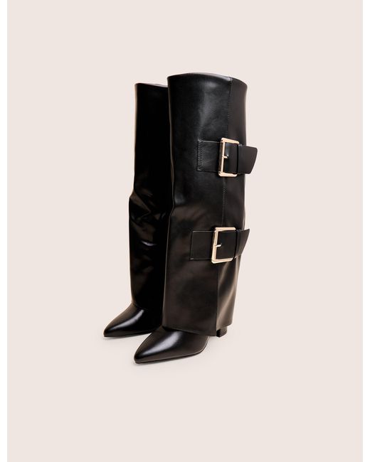 Public Desire River Black Double Buckle Detail Pu High Knee Boots