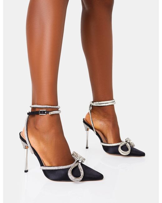 Public Desire Multicolor Midnight Black Glitter Wrap Around Diamante Bow Pointed Toe High Heel