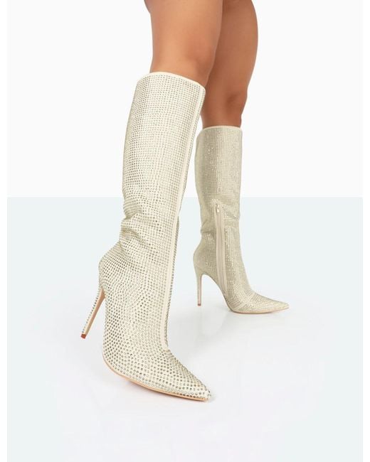 Public Desire Lexi Gold Diamante Stiletto Knee High Boots in White ...