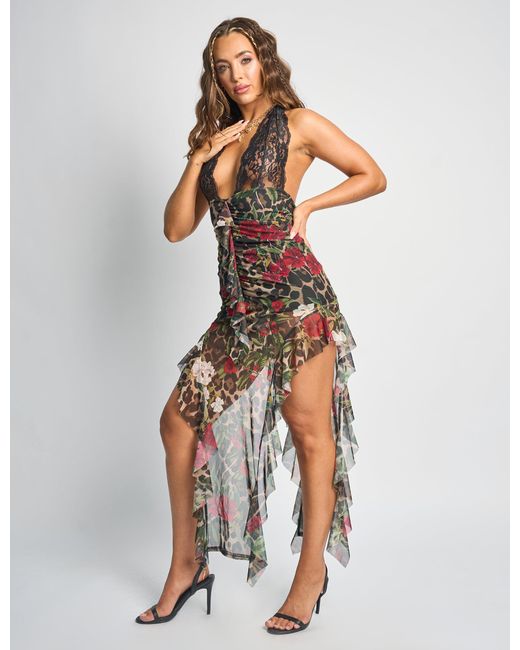 Public Desire White Lace Plunge Halter Neck Ruffle Maxi Dress Multi