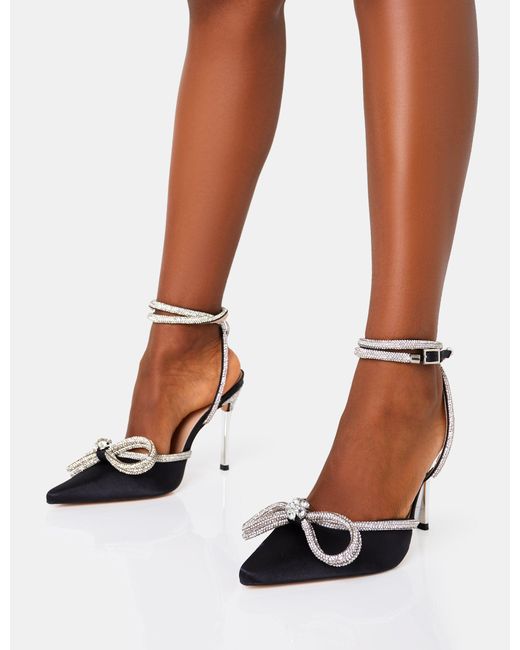 Public Desire Multicolor Midnight Black Glitter Wrap Around Diamante Bow Pointed Toe High Heel