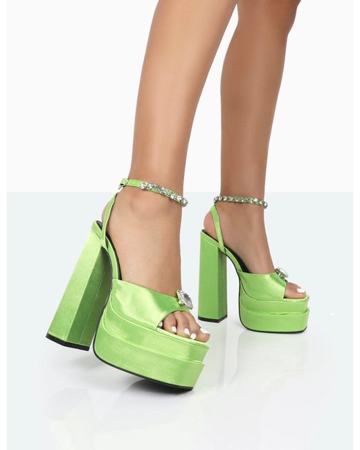 Public Desire Green Frozen Lime Satin Sparkly Diamante Strap Open Toe Block Platform Heels