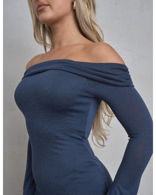 Public Desire Blue Long Sleeve Off The Shoulder Bardot Maxi Dress Navy