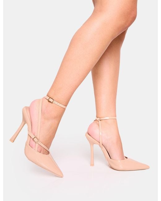 Public Desire Pink Idol Nude Patent Buckle Strappy Detail Stiletto Pointed To Court High Heels