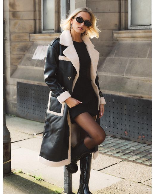 Public Desire Multicolor Borg Lined Faux Leather Maxi Aviator Coat Black