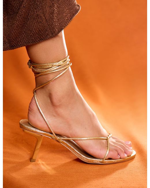 Public Desire Pink Birdie Gold Cracked Pu Lace Up Mid Heels