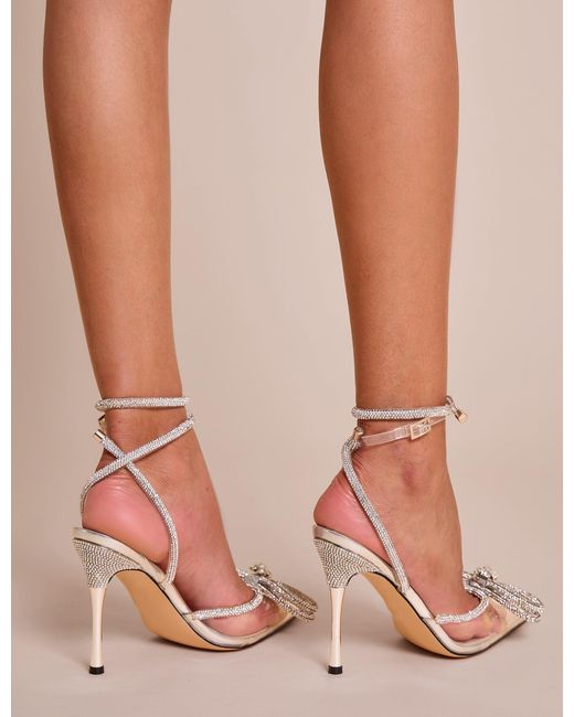 Public Desire Brown Midnight Clear Perspex Wide Fit Wrap Around Sparkly Diamante Bow Pointed Toe High Heel