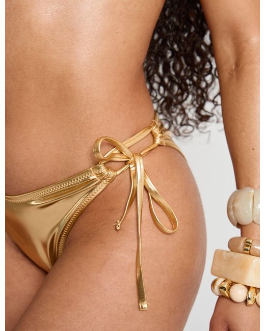 Public Desire Brown Foiled Bikini Bottom With Adjustable Sides Gold