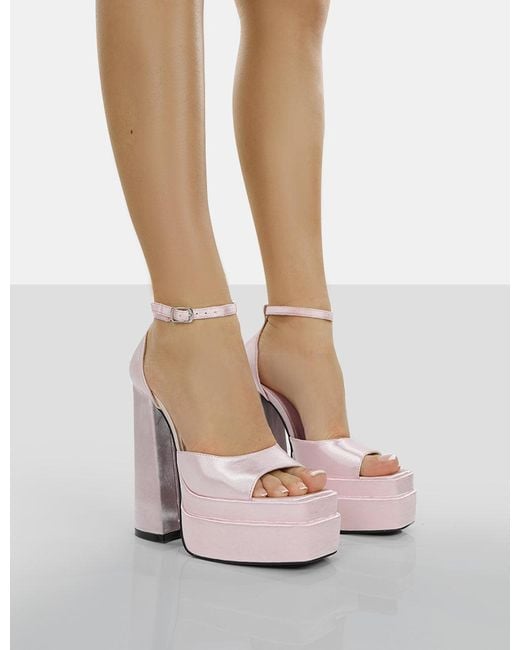 Public Desire Mercy Baby Pink Satin Strappy Square Toe Platform High Block Heels