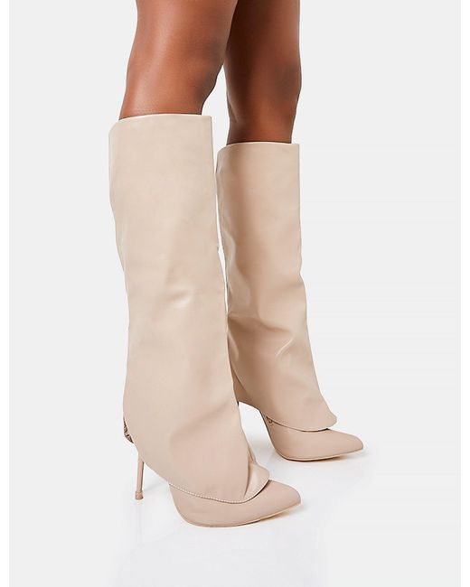 Public Desire Natural All Yours Nude Pu Fold Over Pointed Toe Stiletto Knee High Boots