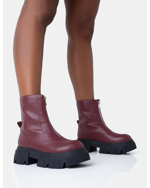 Public Desire Purple Bergen Burgundy Pu Zip Up Detailed Rounded Toe Chunky Soled Ankle Boots