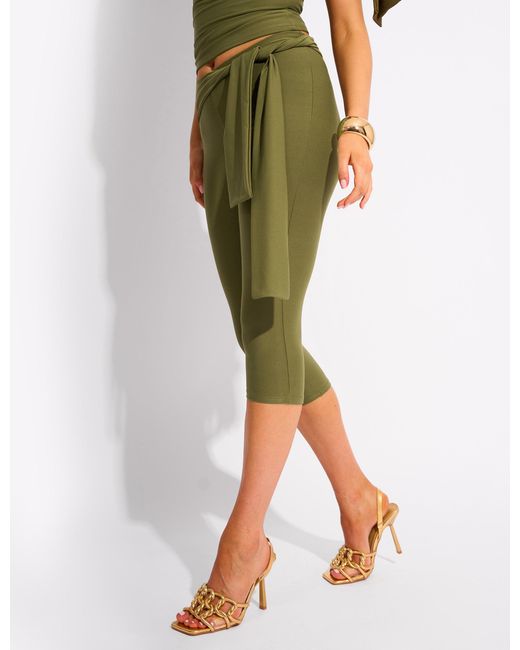 Public Desire Multicolor Knot Detail Tie Side Luxe Slinky Capri Pants Khaki