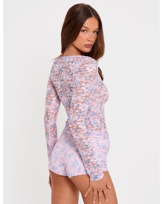Public Desire Long Sleeve Sheer Printed Floral Lace Scoop Neck Top Pink