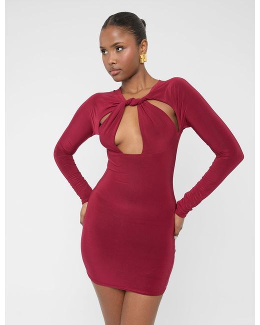 Public Desire Red Twist Detail Plunge Mini Dress Burgundy