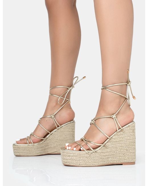 Public Desire Natural Islander Gold Lace Up Square Toe High Heeled Sandal Esparille Wedges