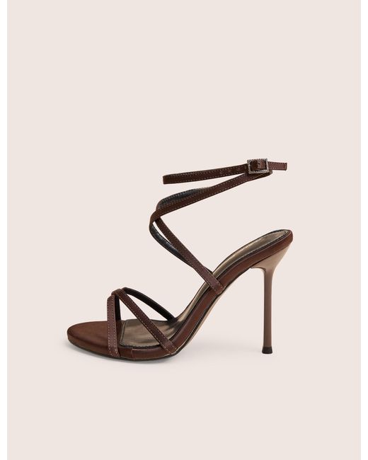 Public Desire Natural Georgie Brown Satin Strappy Diamante Buckle High Heels