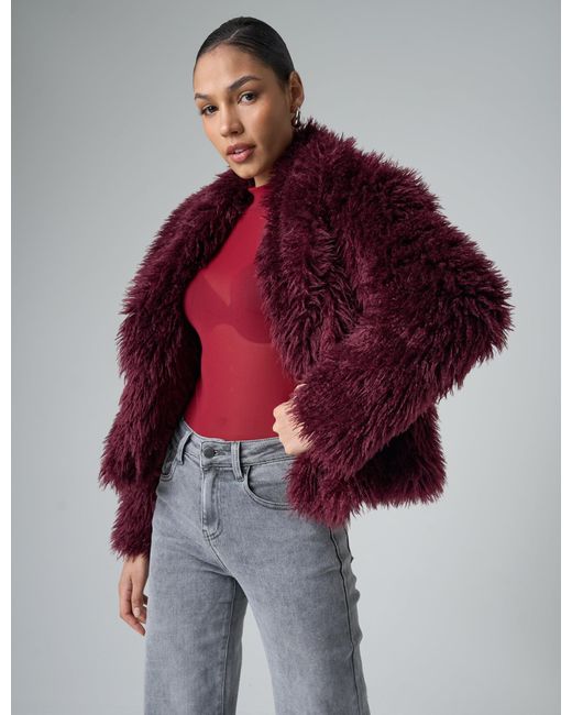 Public Desire Red Short Shaggy Fur Jacket Burgundy
