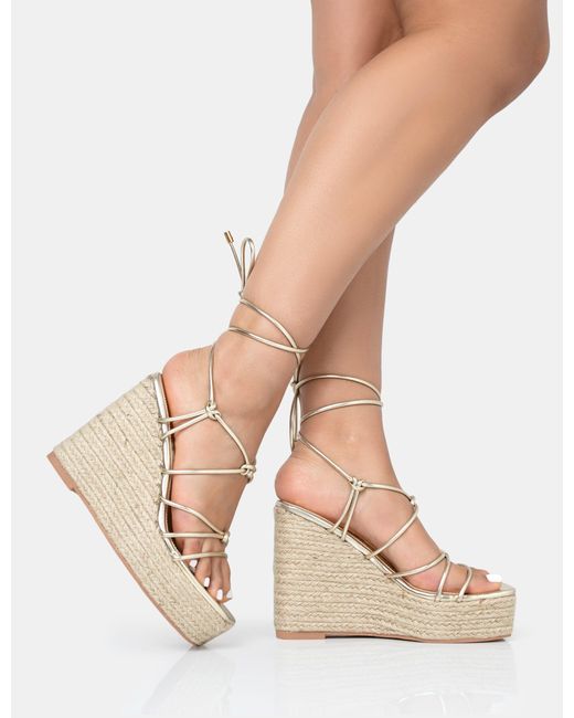 Public Desire Natural Islander Gold Lace Up Square Toe High Heeled Sandal Esparille Wedges