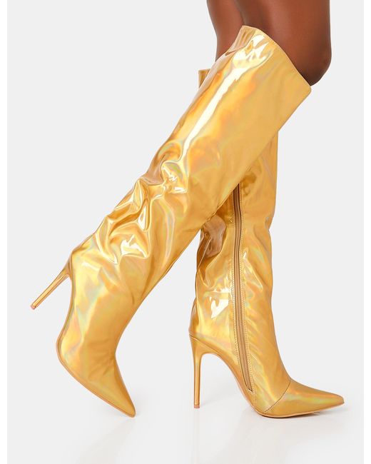 Public Desire Tai Wide Fit Gold Metallic Pointed Toe Stiletto Knee High Boots