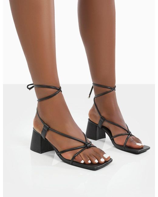 Public Desire Synthetic Aloha Black Lace Up Block Mid Heels - Lyst