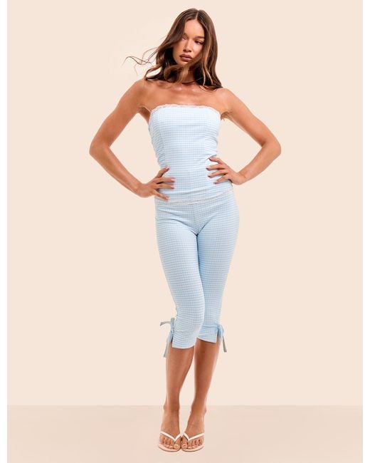 Public Desire Natural Gingham Lace Trim Capri Pant With Bow Tie Blue And White