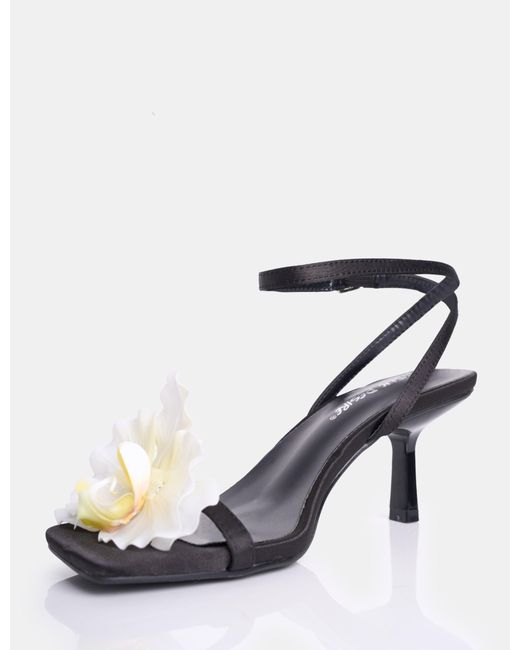 Public Desire Nara Black Satin White Orchid Flower Square Toe Stiletto Mid Heels