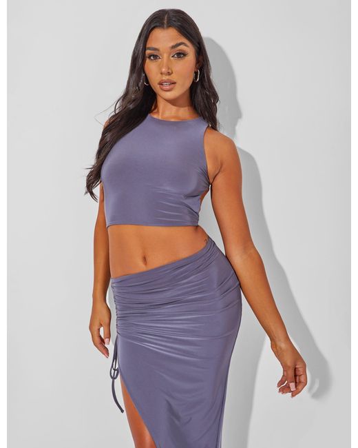 Public Desire Purple Slinky Open Back Tie Detail Crop Top Charcoal Grey