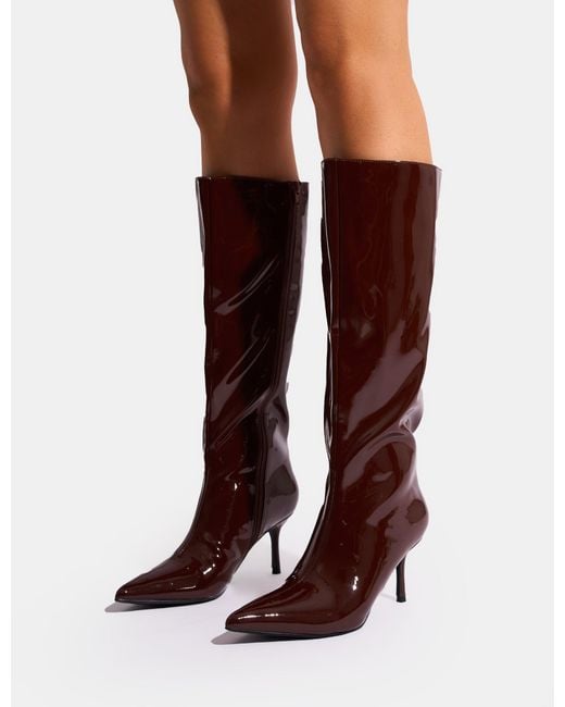 Public Desire Red Amped Chocolate Patent Pointed Toe Mid Heel Knee High Boots
