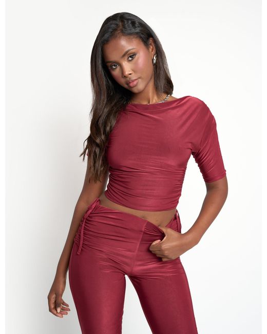 Public Desire Red Slinky Ruched Short Sleeve Top Co Ord Burgundy