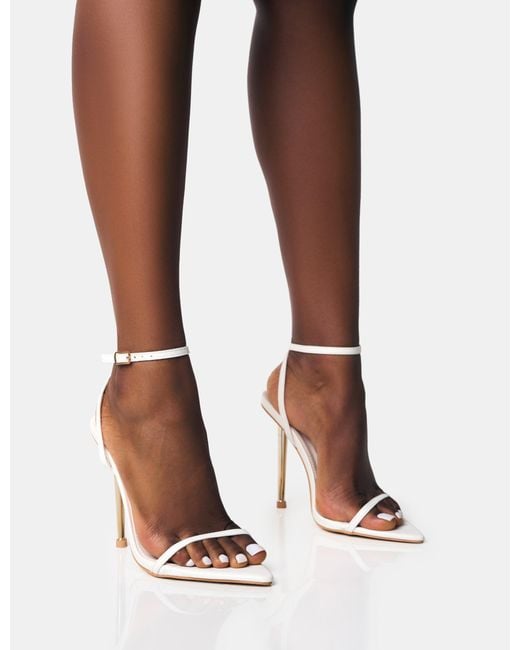 Public Desire Brown Legacy White Barely There Pointed Toe Gold Stiletto Heels