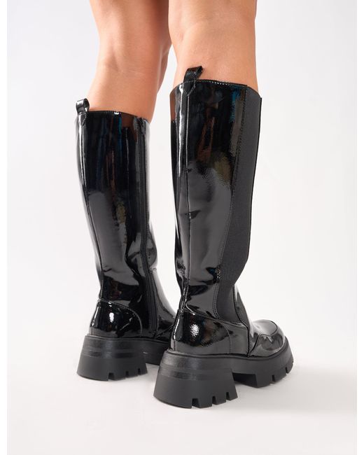 Public Desire Bryant Black Patent Chunky Sole Elasticated Knee High Boots