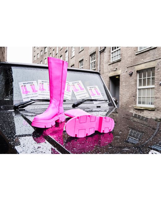 Public Desire Scorpio Hot Pink Rubberised Pu Rounded Toe Chunky Sole Knee High Boots